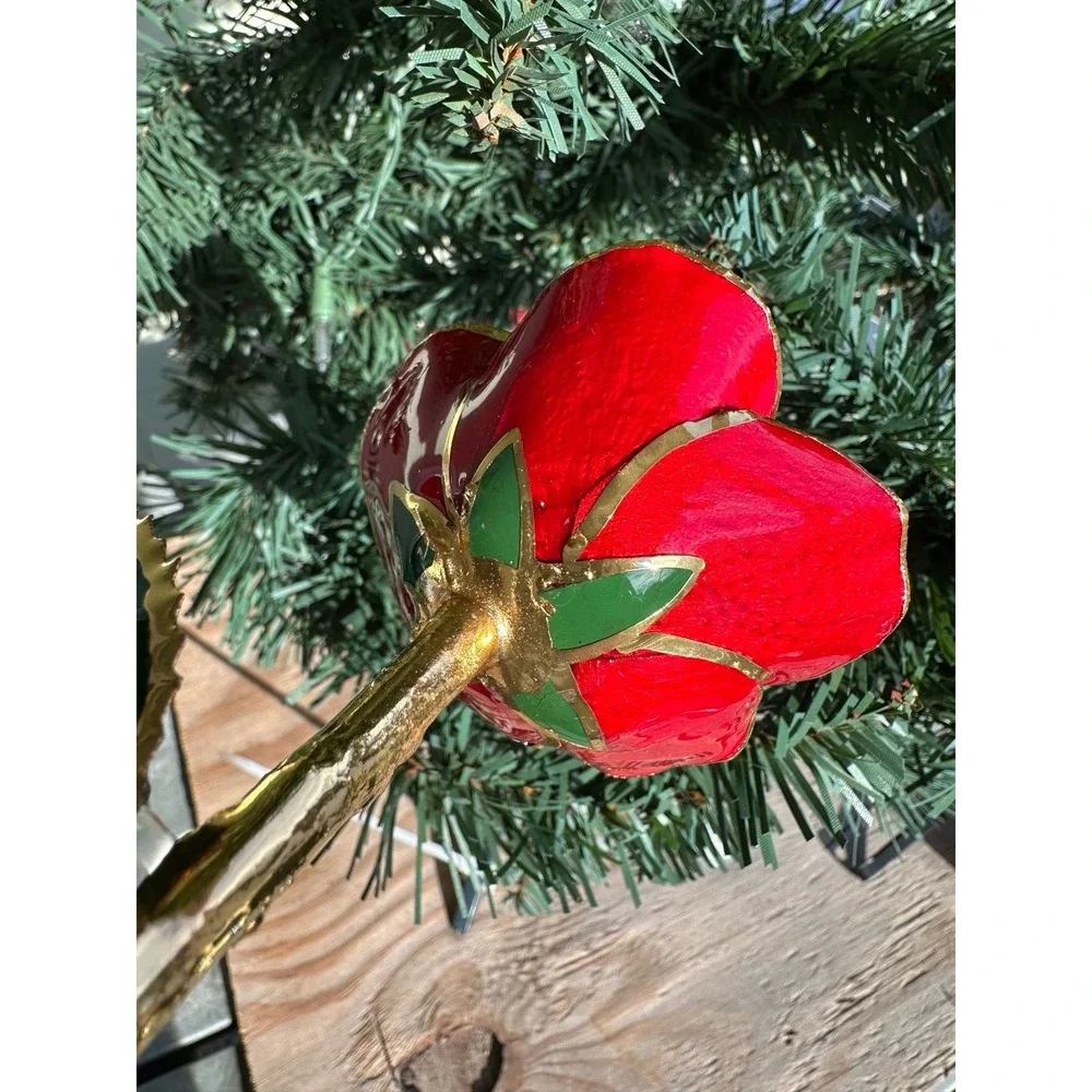 Gold Trimmed Red Rose 24K‎ Style Long Stem Enamel Flower About 11 Inches